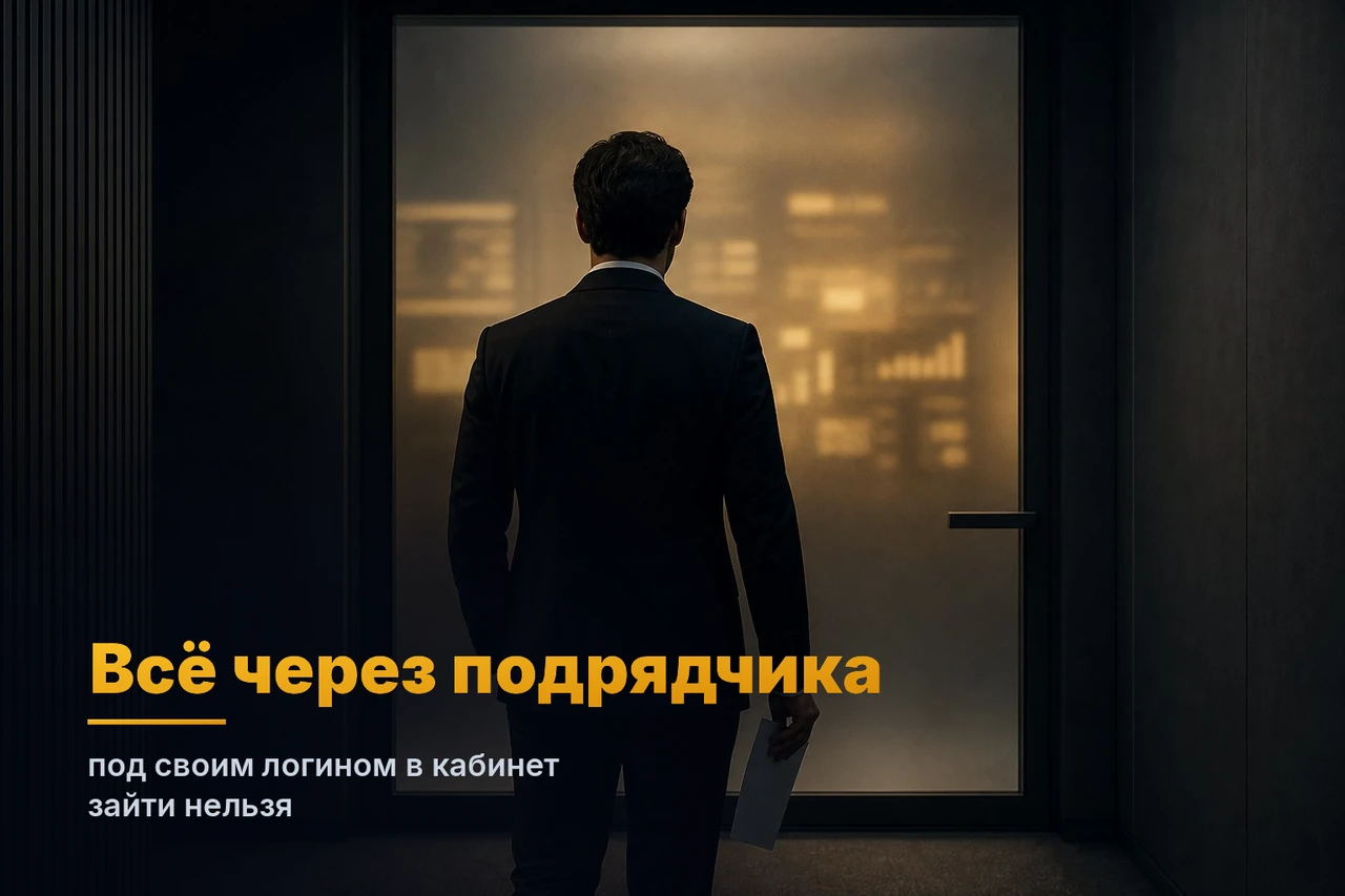 Человек со спины перед матовой стеклянной дверью, за которой золотом светятся недоступные ему дашборды; в руке только распечатка — доступ в кабинет только через подрядчика