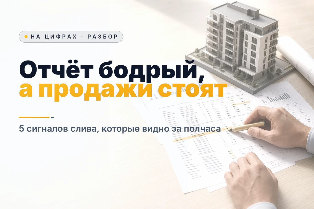 Светлый рабочий стол при дневном свете: печатный отчёт по рекламе с несколькими строками, подсвеченными золотым маркером, золотая ручка в руке проверяющего, рядом макет жилого дома и свёрнутый чертёж — заголовок «Отчёт бодрый, а продажи стоят», пять сигналов слива, которые видно за полчаса