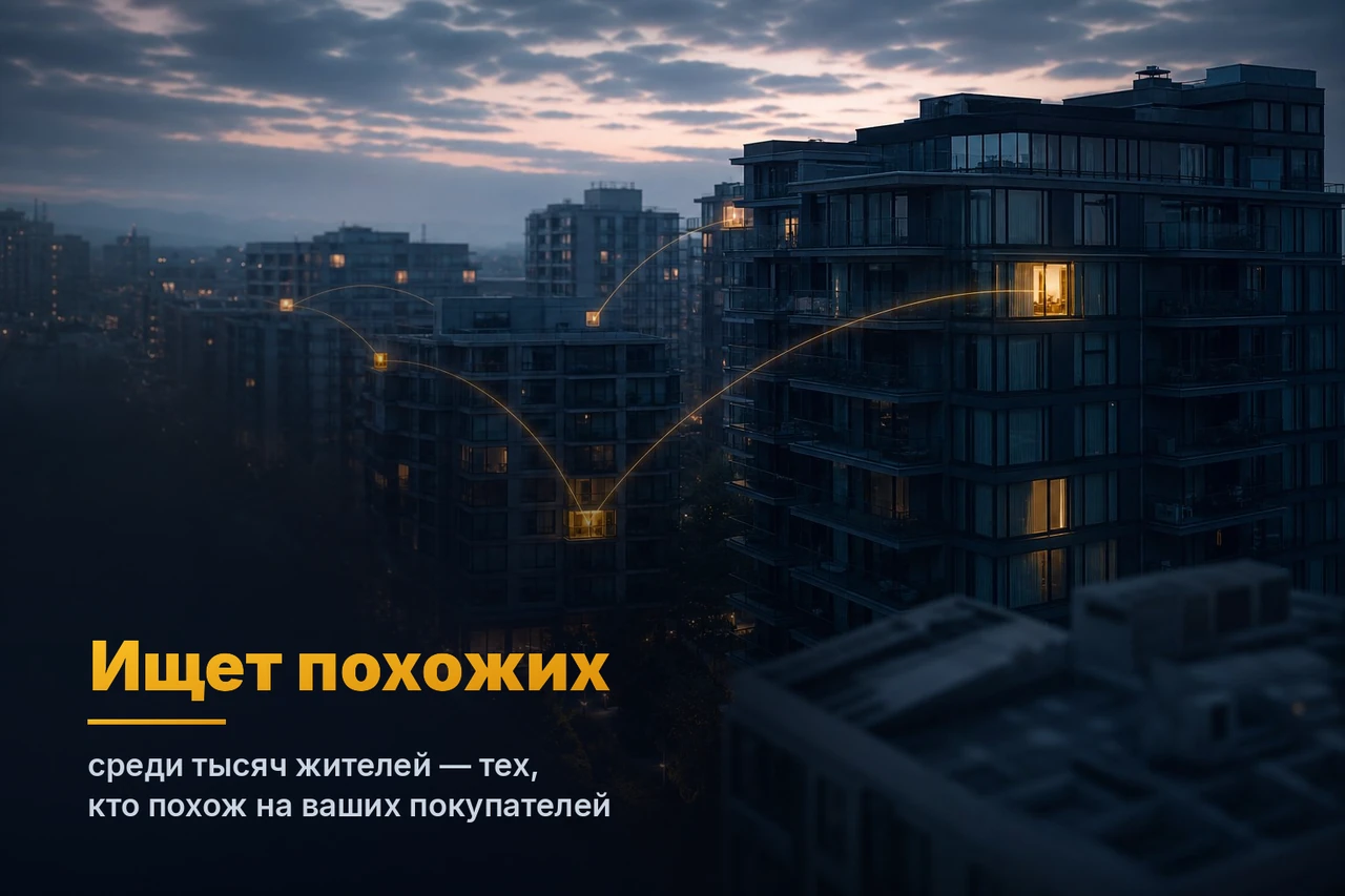 Реалистичный ночной жилой квартал: среди тысяч холодных тёмных окон несколько светятся тёплым золотом — «похожие» покупатели, которых нашёл алгоритм, соединённые тонкими золотыми нитями. Look-alike: стратегия ищет тех, кто похож на уже купивших