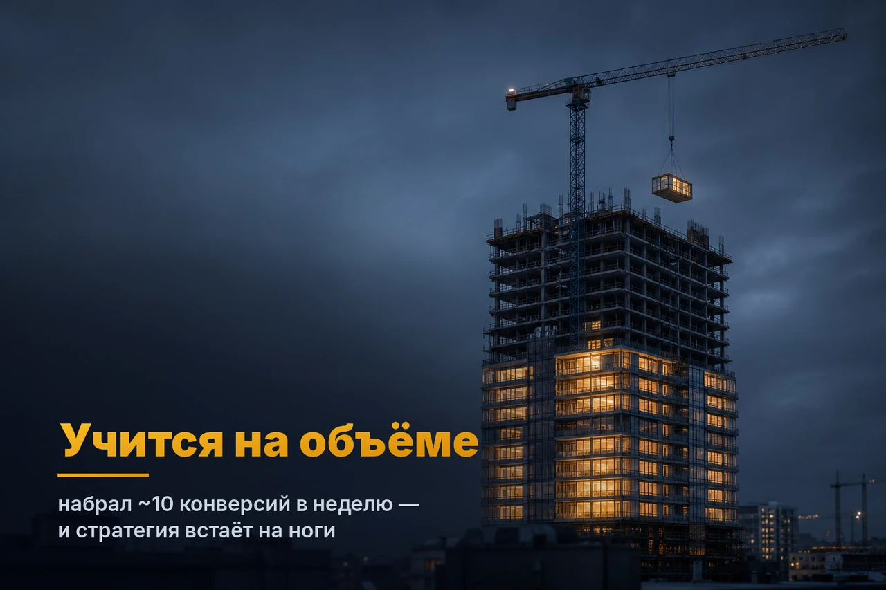 Строящаяся жилая башня в сумерках: нижние готовые этажи горят тёплым золотом, верхние — тёмный бетонный скелет, кран поднимает светящийся золотой модуль. Стратегия встаёт на ноги по мере набора объёма конверсий — порог около десяти в неделю