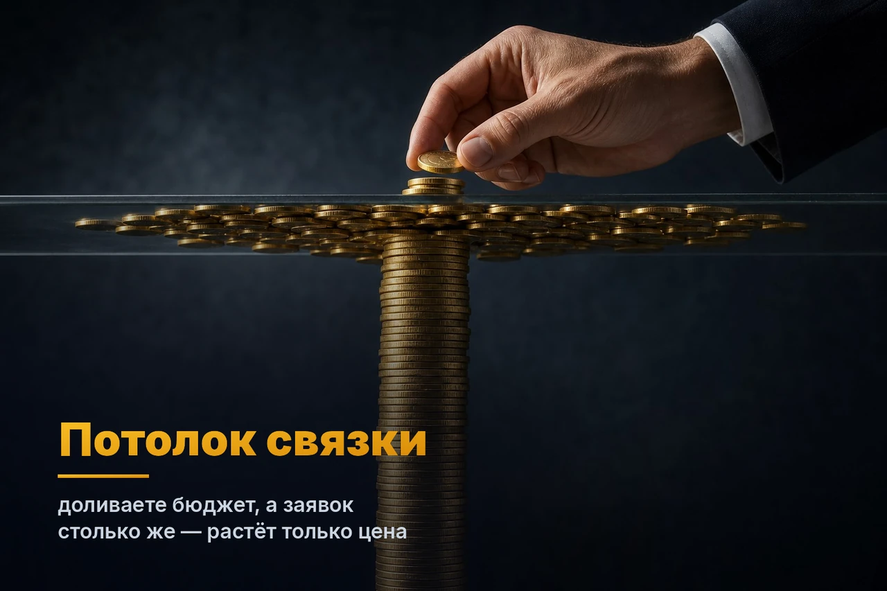 Столбик золотых монет упёрся в стеклянный потолок и расползается вбок, рука подкладывает ещё — потолок связки: бюджет растёт, а заявок столько же, дорожает только цена