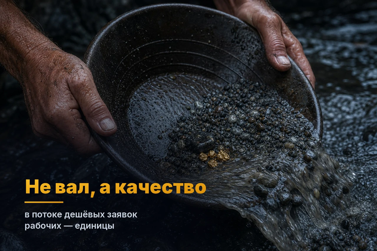 Руки промывают в старательском лотке поток серого гравия, на дне остаётся пара золотых самородков — в потоке дешёвых заявок квалифицированных единицы, качество важнее вала