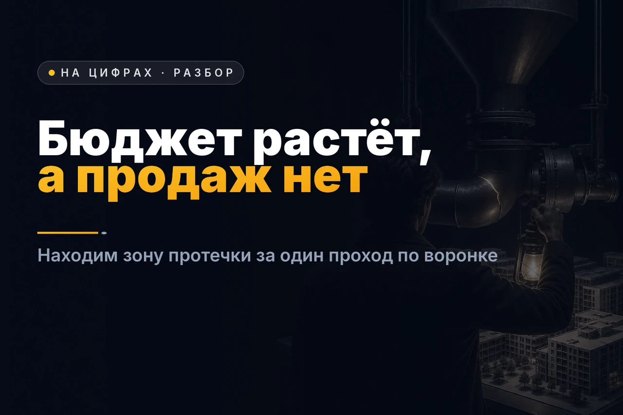 Фигура со спины с фонарём осматривает промышленную воронку-трубу над макетом жилого квартала, луч выхватывает светящуюся трещину-утечку — заголовок «Бюджет растёт, а продаж нет», находим зону протечки за один проход по воронке