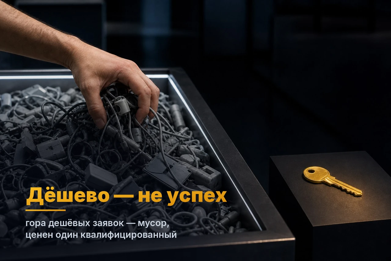 Рука зачерпывает ящик тусклого серого хлама, а рядом на постаменте лежит один золотой ключ — дёшево не значит успех: гора дешёвых заявок это мусор, ценен один квалифицированный лид