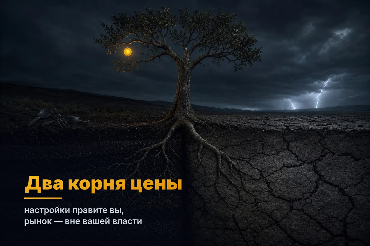 Дерево с единственным золотым плодом, корни расходятся в ухоженную почву с садовым инструментом и в растрескавшуюся землю под грозой — два корня цены заявки: настройки правите вы, рынок вне вашей власти