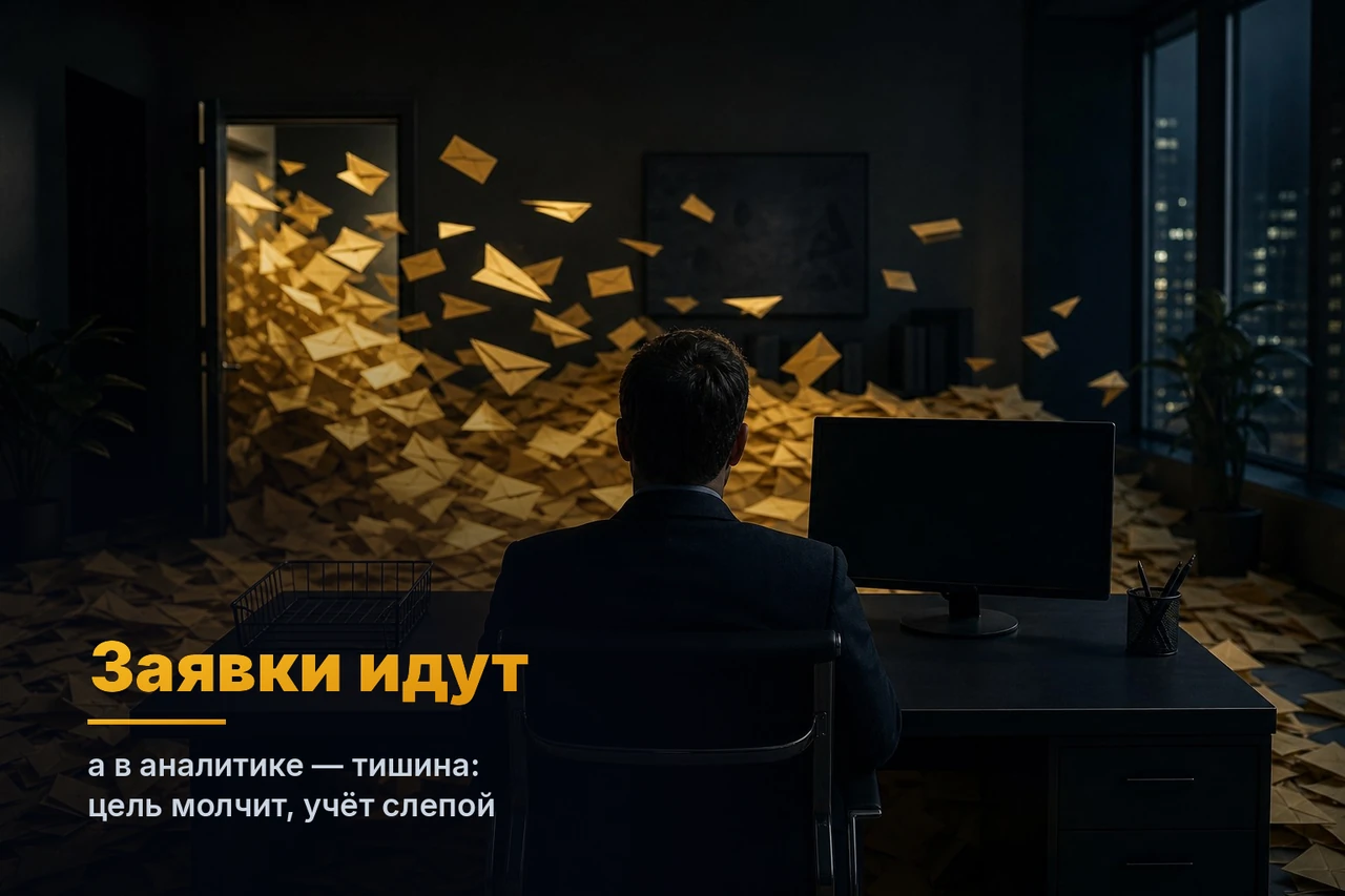 Тёмный ночной офис завален светящимися золотыми конвертами-заявками, но монитор аналитики чёрный, а лоток для входящих пуст — заявки идут, а в аналитике тишина: цель молчит, учёт слепой